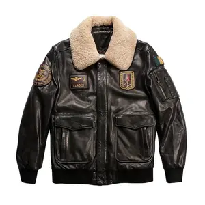 Customized Vegetable-tanned Sheepskin Coat Men's High Quality Wool Collar Black Genuine Leather Jackets