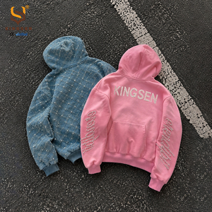 Blouson à capuche zippé en jean épais délavé à l'acide, personnalisé, unisexe, vintage, avec broderie 3D de perles et strass, pour homme - Product Image 3