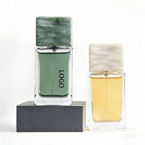 Luxury Custom 50ml 100ml clear square Crimp <b>Pump</b> Sprayer Perfume Glass Bottle with Marble Stone - Product Image 2