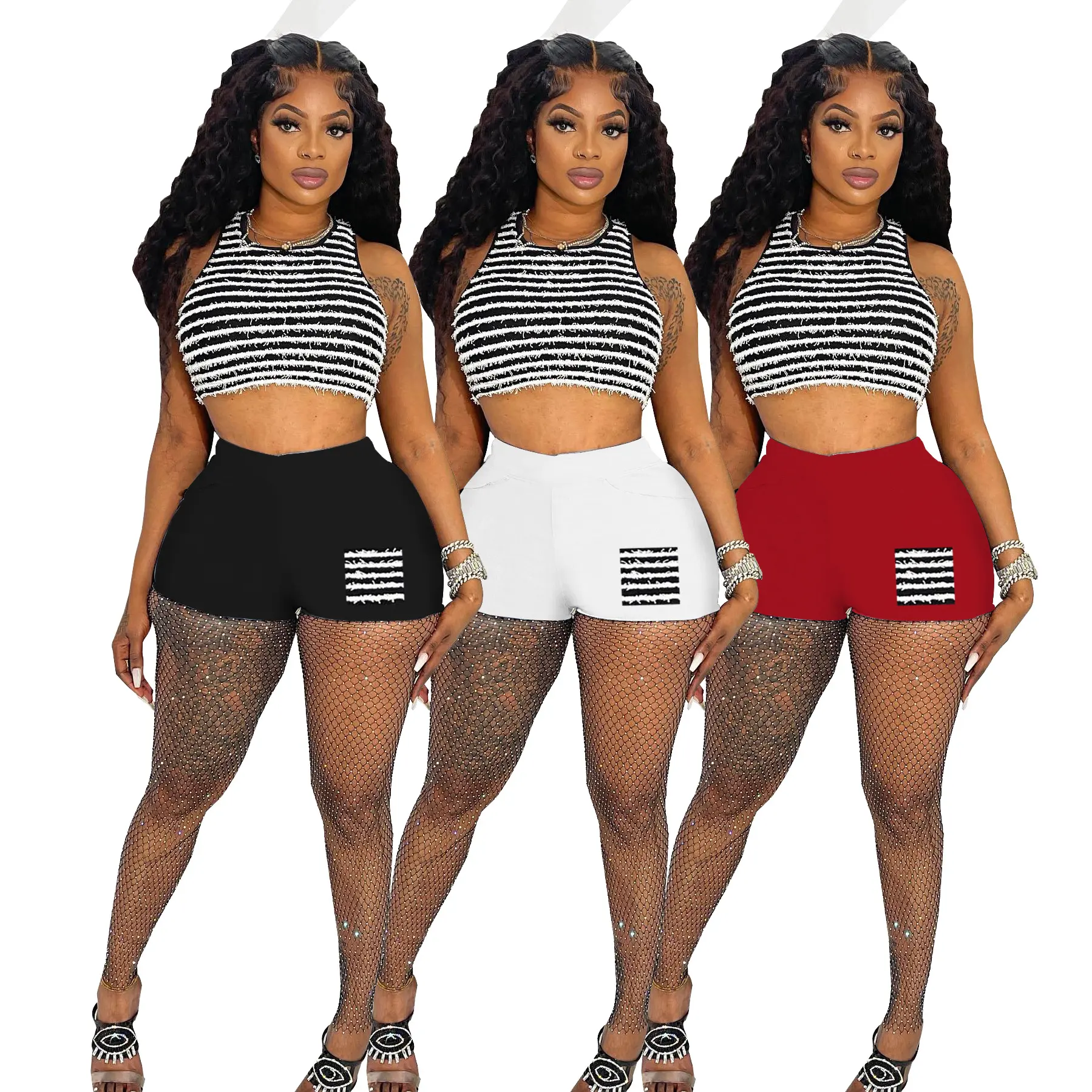 J&H 2023 trendy stripe furry tank top two piece shorts set summer two piece set women sexy slim fit crop top mujer