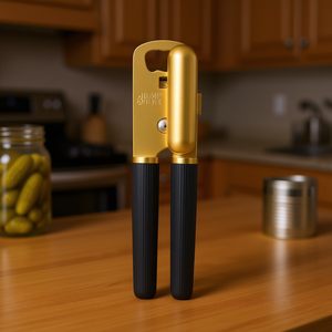 Ouvre-boîte manuel en acier inoxydable finition or avec poignées noires pour usage en cuisine - Product Image 2