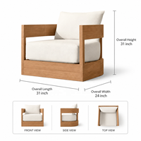 Fauteuil lounge en teck massif, fauteuil d'appoint minimaliste Japandi avec accoudoirs découpés et base sur socle pour chambre et balcon