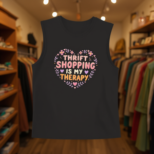 Débardeur décontracté pour femme avec imprimé cœur « Le shopping de seconde main est ma thérapie », gilet sans manches en tricot de polyester et élasthanne, col rond D - Product Image 2