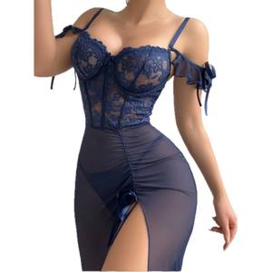 महिलाओं की ग्रीष्मकालीन क्रॉस-बॉर्डर सेक्सी ऑफ-कंधे कैमसोल लिंगेरी सेट फीता पैचवर्क नाइट ड्रेस कढ़ाई मेष - Product Image 5