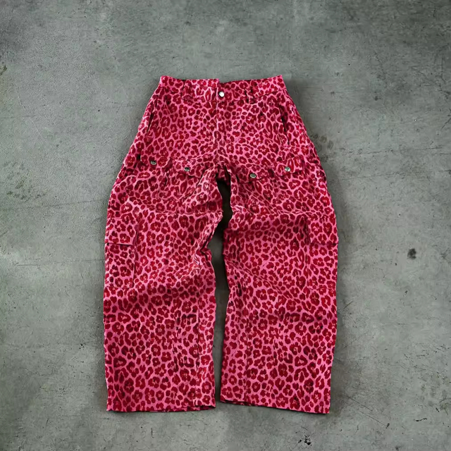 Custom Pattern Button Men's Hip Hop DTG Printed Twill Cotton Cargo Pants Streetwear Baggy Fit Camo Leopard Stonewashed Mid