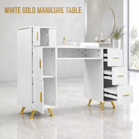 Table de manucure en or blanc, bureau de salon de manucure avec coussin repose-mains, plusieurs tiroirs, armoires, grand rangement, poste de travail pour technicien en ongles