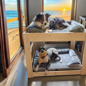 Erhöhtes Holz-Hundebett mit 2 Stabilen Stufen Großes Etagenbett für 2 Hunde Leinen- und Schaumstoffmaterial Nachhaltig - Product Image 2