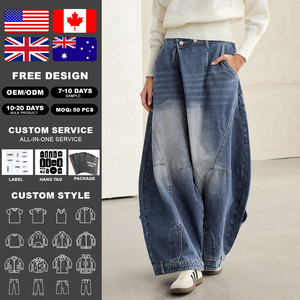 Jean Ballon Femme KingSen Délavé Patchwork Taille Asymétrique Coupe Ample Jambe Large Ourlet Décontracté Denim Streetwear - Product Image 1