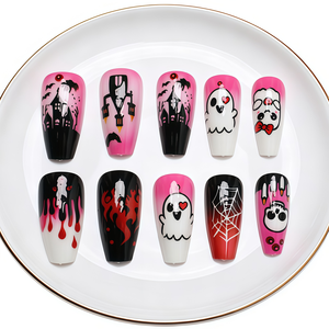 <span class=keywords><strong>Uñas</strong></span> Postizas <span class=keywords><strong>Acrílicas</strong></span> Y2K Rosadas Góticas, Diseño Largo de Ataúd para Halloween con Goteo de Sangre de Fantasma y Casa Encantada, para Mujer - Product Image 6