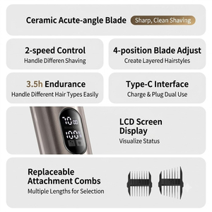 Tondeuse à cheveux rechargeable professionnelle sans fil, lame en céramique, 4 niveaux de réglage, écran LCD, USB-C, 2 vitesses, kit de toilettage pour usage domestique - Product Image 2