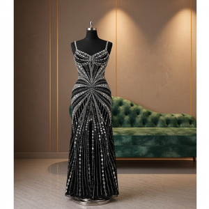 Robe de soirée longue en soie de luxe avec embellissements en strass noirs, élégante robe de soirée à bretelles spaghetti - Product Image 1
