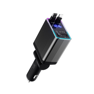 Chargeur de voiture 65W PD QC3.0 avec écran numérique, câble rétractable USB C Lightning, un à trois ports universels - Product Image 1