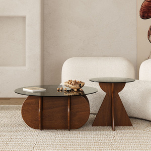 Design moderno Rodada Mesa De Café De Madeira Conjunto com Top De Vidro Móvel para Pequenas Salas Disponível em Atacado