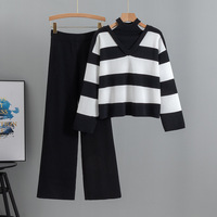 Femmes automne et hiver nouveau Style suspendu cou deux pièces pull tricoté haut taille haute jambe large pantalon deux pièces ensemble
