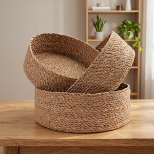 Natural Water Hyacinth Round Storage <b>Baskets</b> <b>Stackable</b> Eco-Friendly Rustic Multi-Purpose Shallow Woven <b>Basket</b> - Product Image 2