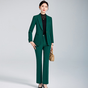 Women's Green Suit Set Polyester Worsted Full Sleeve Anti-Wrinkle Elegant Autumn Workwear - Product Image 1