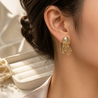 Boucles d'oreilles créoles en laiton plaqué or, motif animaux marins (étoile de mer, méduse), serties de zircone cubique bleue, pour femme