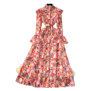 Mùa hè của phụ nữ Mỏng giản dị Midi Dress fairycore hoa ren đế chế eo bùng tay áo thoáng khí dệt bền vững logo phía trước - Product Image 1