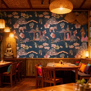 ร้านอาหารไทย ร้านนวดเท้า วอลเปเปอร์ผ้าไหมติดผนัง ทันสมัย ทนทาน เป็นมิตรกับสิ่งแวดล้อม ป้องกันรอยยับ สำหรับตกแต่งเพื่อความบันเทิง - Product Image 2