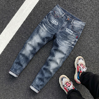 Pantalon en jean slim pour homme, style streetwear italien, effet usé, avec patchs artistiques, coupe motard, personnalisable