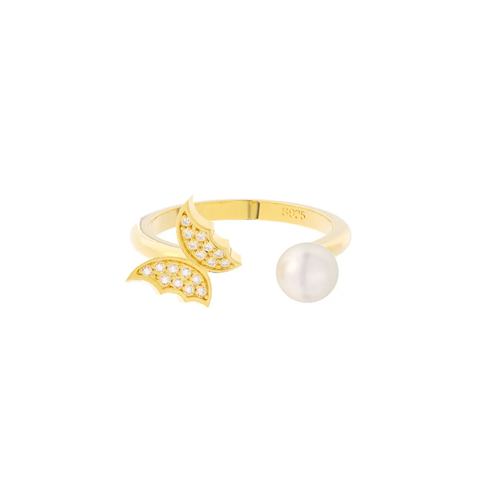 925 plata esterlina chapada en oro perla zirconia mariposa animales anillos ajustables abiertos joyería personalizada al por mayor