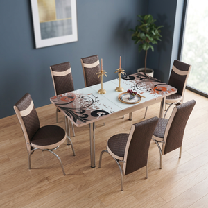 Modern 6-Piece <b>Dining</b> Room Set with Extendable <b>Foldable</b> Wood Frame Tempered Glass <b>Table</b> Red <b>Chairs</b> <b>for</b> Home Use - Product Image 3