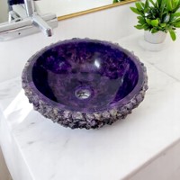Lavabo de vanité rond en pierre de cristal d'améthyste pour les spas Évier de cuisine moderne fabriqué à la main et comptoir de navire pour la salle de bains de centres de villégiature