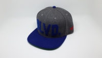 Un chapeau à visière plate en coton gris-bleu avec broderie appliquée. Il peut être personnalisé en termes de taille et avec un logo.