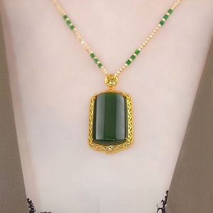 Collar con Colgante de Imitación de Jade Agata Estilo Chino, Colgante de Jade Verde de Imitación, Cadena para Clavícula para Mujer - Product Image 6