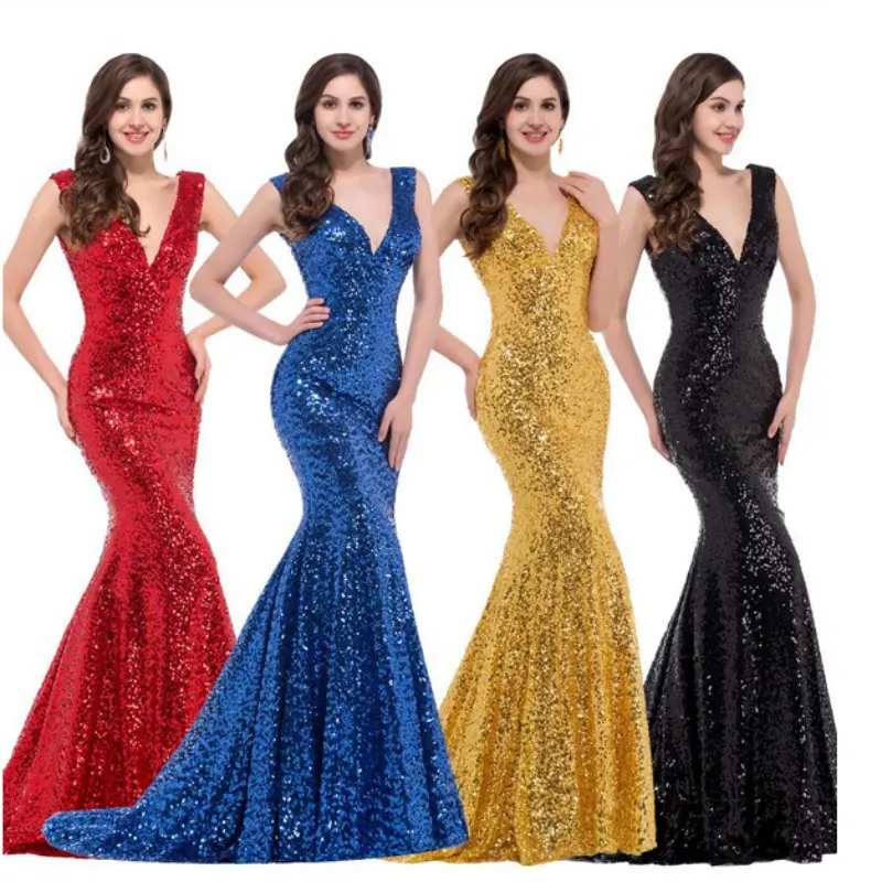 Wholesale Plus Size Ladies Elegant Sequins Dinner Dress Sleeveless Red Fish Tail Luxury Evening Long Dress Gown