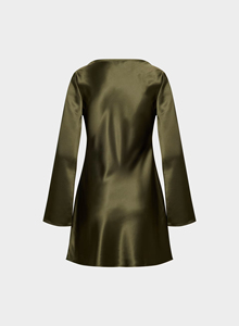 Robe courte à manches longues en satin vert foncé pour femmes avec col empilé pour les fêtes décontractées - Fabriquée sur mesure - Product Image 6