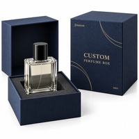 Boîte à parfum verticale en papier spécial gaufré textile bleu nuit avec logo personnalisé, insert en mousse surélevé, 10x10x14cm