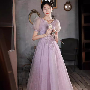 Evening Gown Purple Chiffon A-Line Scoop Neck Empire Waistline Fashionable Birthday Wedding Dress - Product Image 3
