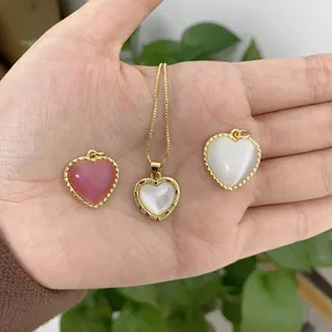 Sweet Pink Opal Love Necklace Pendant Gold Plated Brass Shell Cat's Eye Charm Pendant For Jewelry Making
