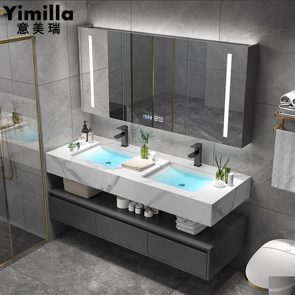 Mueble de baño de lujo de madera contrachapada, doble lavabo, tocador con espejo de iluminación