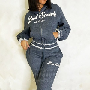 Conjunto Deportivo Personalizado de Alta Calidad para Mujer, Dos Piezas, Sudadera con Capucha y Pantalones Deportivos de Algodón Gris con Estampado Puff, Cierre de Cremallera - Product Image 1
