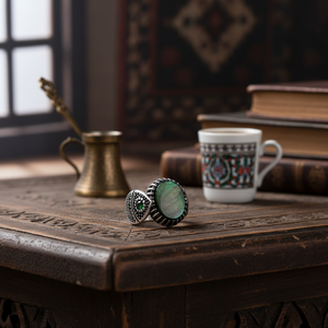 Round Cut Green Gemstone Round Black Zircon Stone Design Ottoman <b>Men's</b> <b>Ring</b> Turkish Handmade Wholesale Authentic Silver <b>Men</b> <b>Ring</b> - Product Image 3