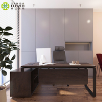 Bureau de direction moderne en forme de L avec structure métallique, plateau en bois et tiroirs