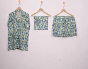 Offre Spéciale – Ensemble Pyjama Léger d'Été en Coton Satiné, Col Rabattu Boutonné, Imprimé à la Main, Manches Courtes, Respirant - Product Image 3