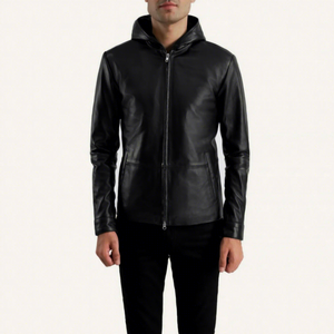 Veste à capuche en cuir véritable noir pour homme, style décontracté, fermeture éclair sur le devant, coupe ajustée, longueur normale, couleur unie, style sweat à capuche, imperméable pour l'hiver - Product Image 1