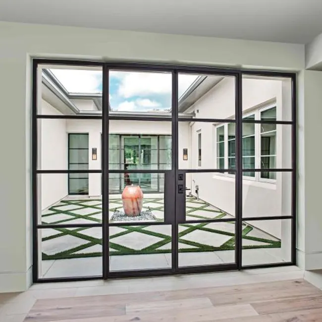 Exterior metal black wrought iron security tempered safety glass swing french doors