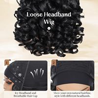 Perruque synthétique sans colle avec bandeau, 14 pouces, ondulations lâches, noir de jais, densité 180%, fibres résistantes à la chaleur et volumineuses, pour femmes noires, en stock