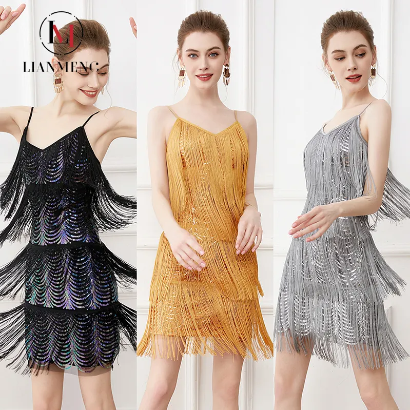 LIANMENG AB356 Cheap New Design Feather Girl Dress Sexy V-Neck Suspender Sequins Tassel Dress