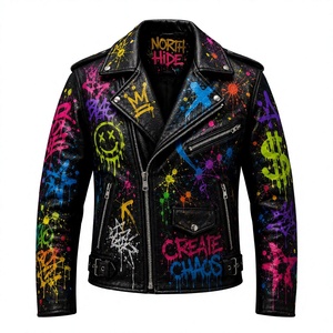 Veste de moto en cuir pour homme, style punk, imprimé graffiti, fermeture éclair, col rabattu, vêtement d'automne - Product Image 1