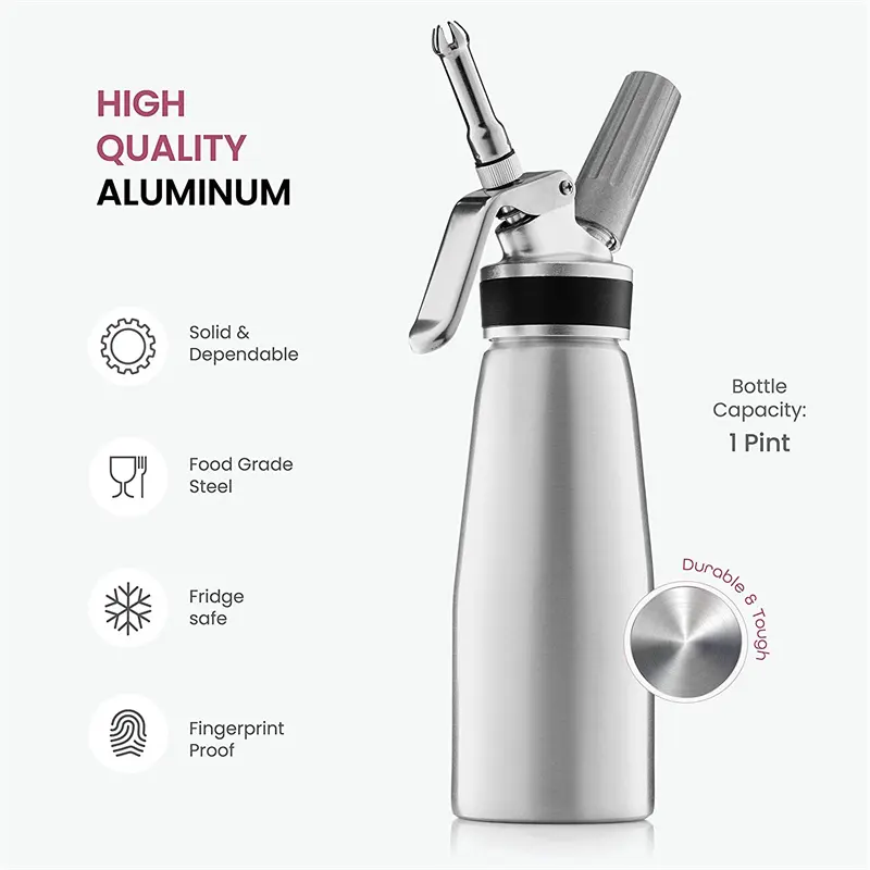 LesooWhip Whipped Cream Dispenser Highly Durable Aluminum Whip Cream Maker  500ml /1 Pint Large Capacity Cream Whipper with 3 Stainless Steel Nozzles 