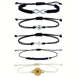 Hand Made Layered Bracelet Anklet Sunflower Cross Heart Compass Black Beads Braided Infinite String Boho Surfer Bracelet