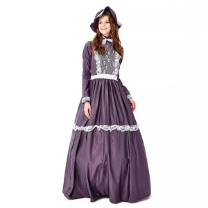 European American Style Women's Long Dark <b>Purple</b> Satin Dress Set With <b>Hat</b> Noblewoman Princess Retro Court Gown Full Sleeve - Product Image 4