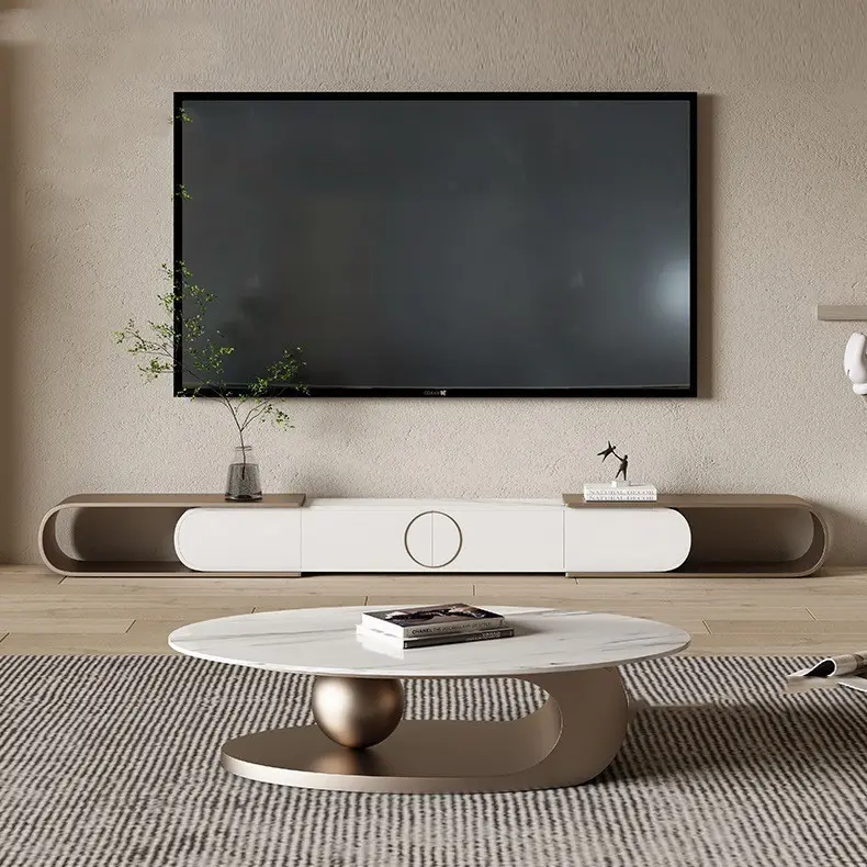 Роскошный сланцевый круглый журнальный столик, комплект современной мебели с выдвижным полом для телевизора, гостиной