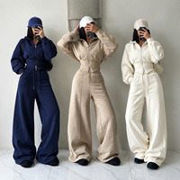 Ensemble de survêtement décontracté en molleton de coton pour femme, sweat-shirt court à capuche zippé et pantalon large taille haute, personnalisable OEM ODM, vente en gros