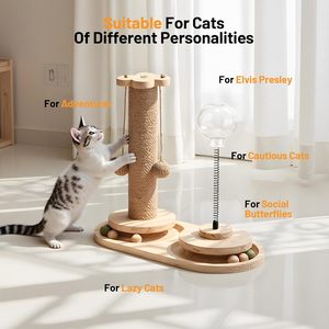 <strong>Cat</strong> Scratching Post Is Equipped with a <strong>Cat</strong> Food Feeder, a <strong>Cat</strong> Teaser Stick, and a Double-layer Wooden Track Ball Toy. - Product Image 2